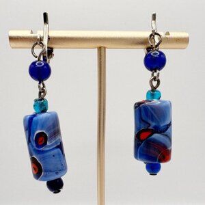 Vintage Venetian Murano Glass Bead Blue Dangle Earrings Clip On